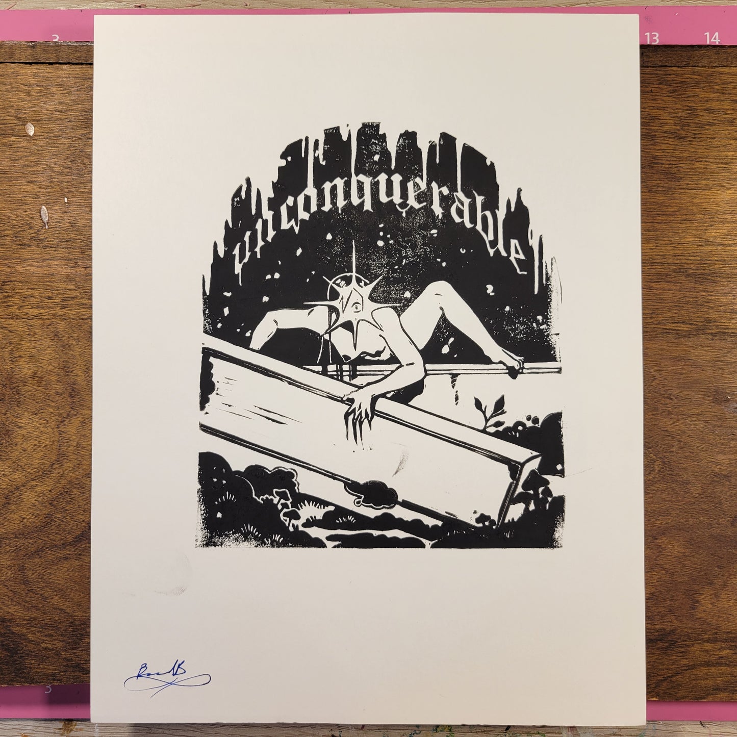 UNCONQUERABLE linocut print black on white
