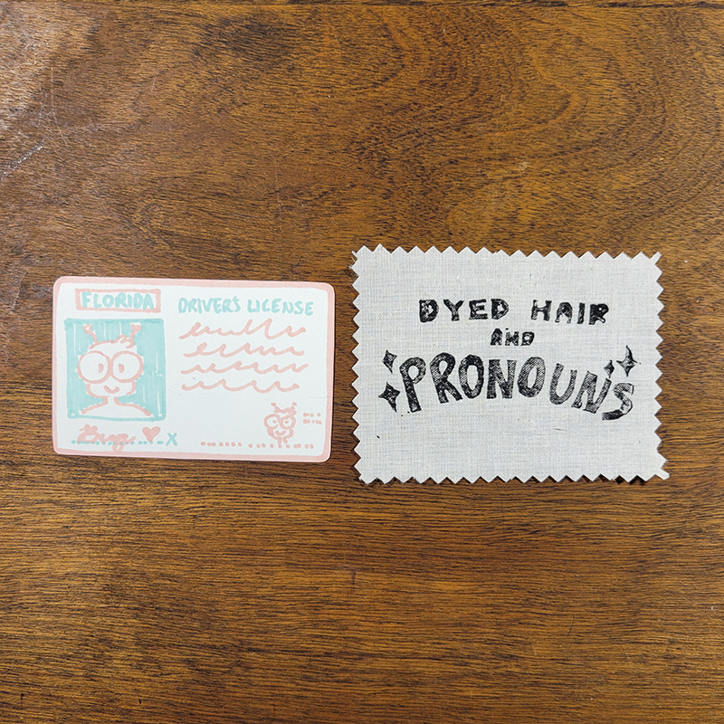 Dyed Hair and Pronouns Linocut Patch