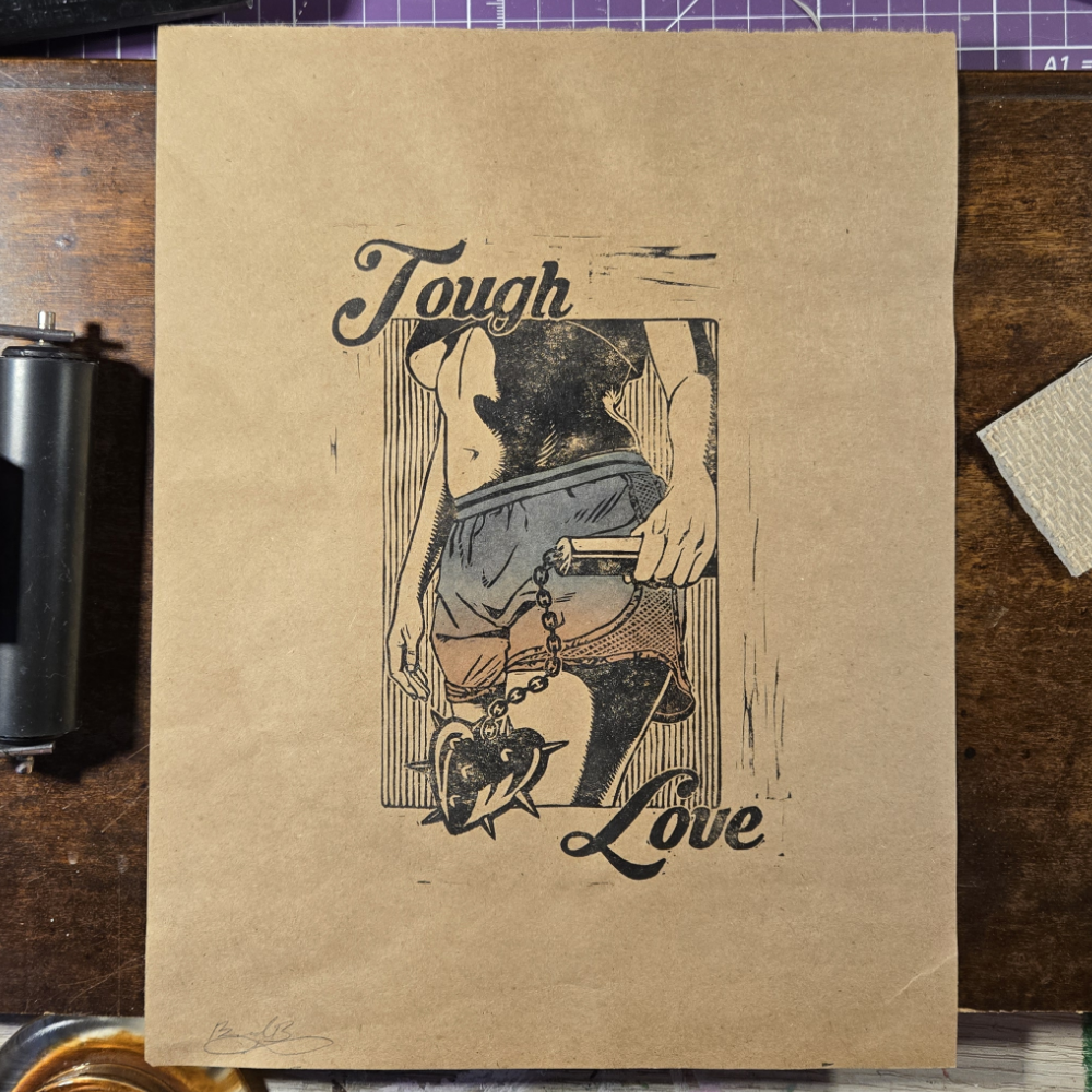 Tough love lino print on kraft (sunset shorts)