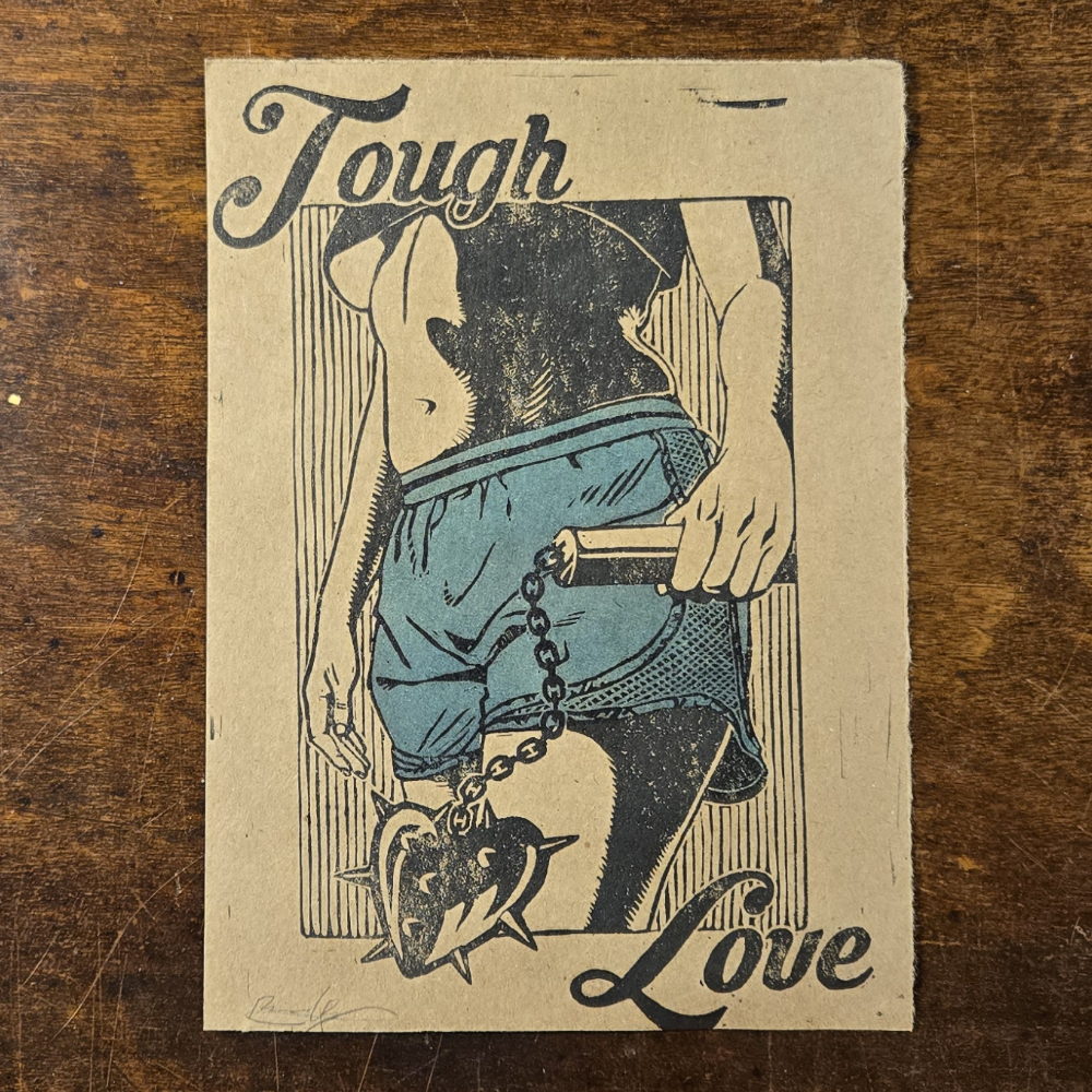 Tough love lino print on kraft, cropped (blue shorts)