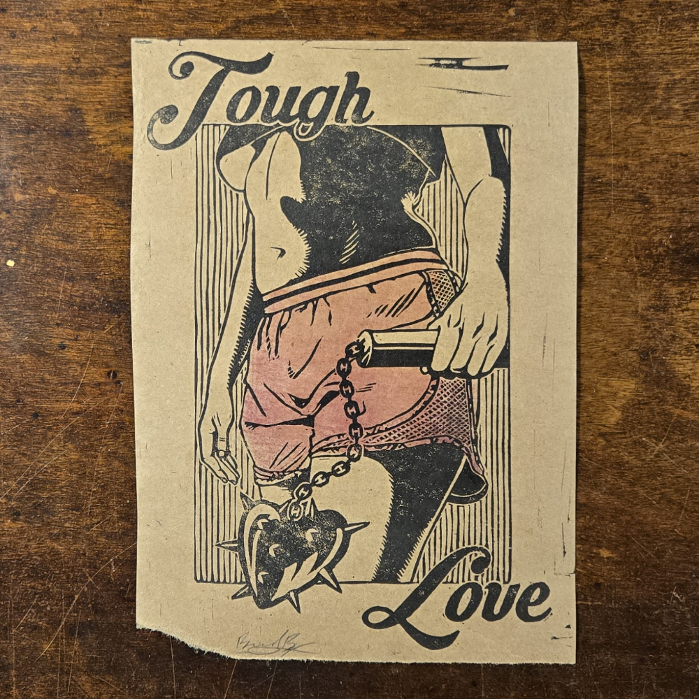 Tough love lino print on kraft, cropped (pink shorts)