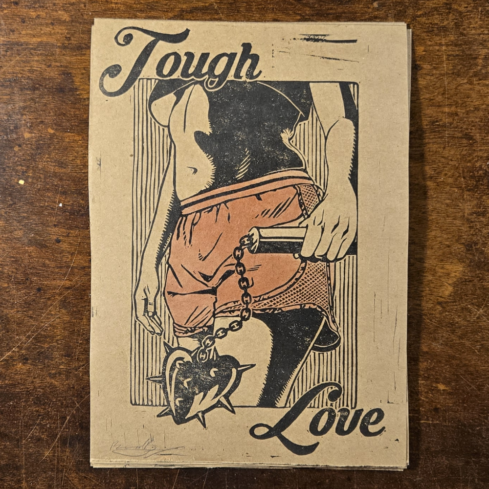 Tough love lino print on kraft, cropped (coral shorts)
