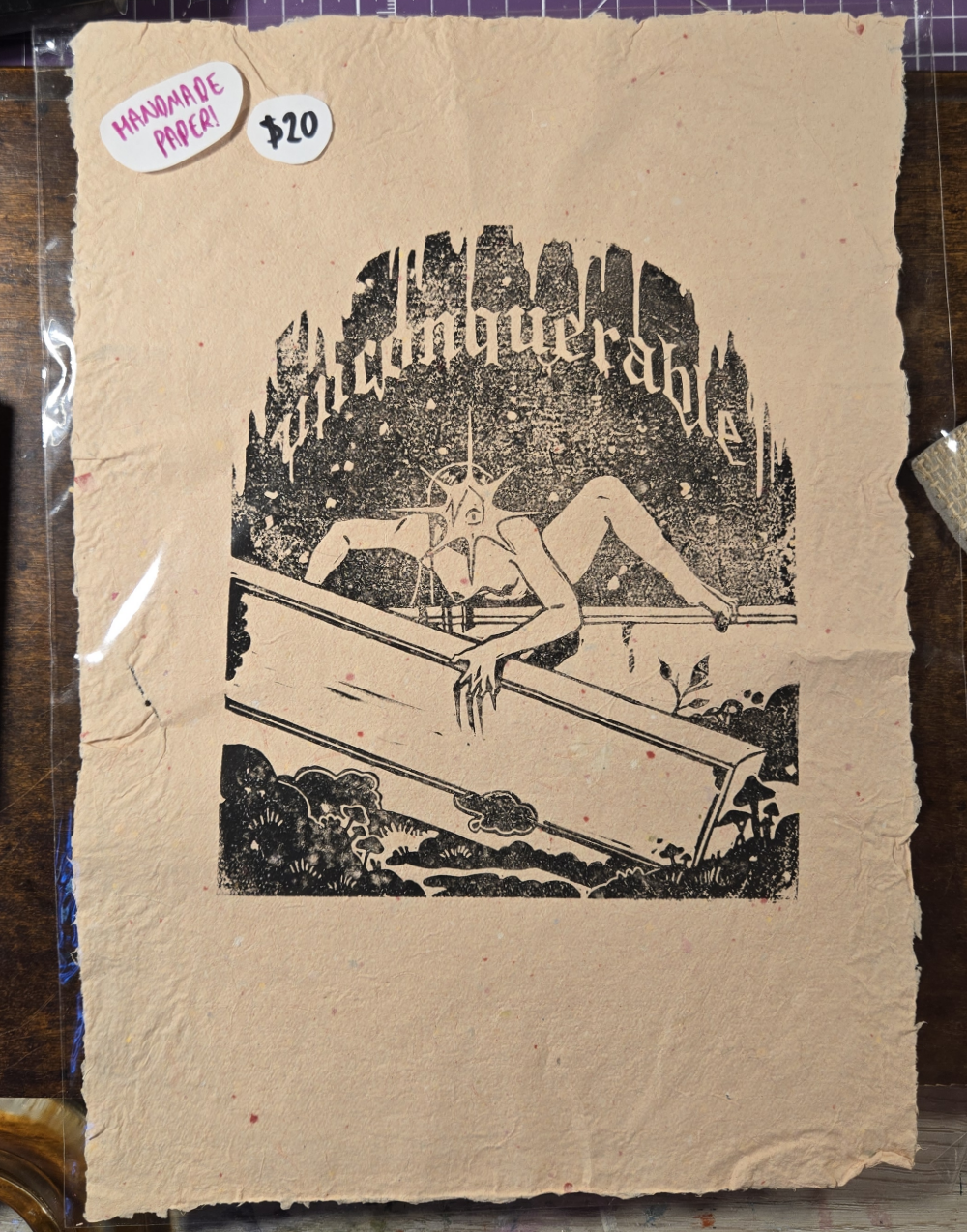 UNCONQUERABLE Original lino print on signature pink confetti paper