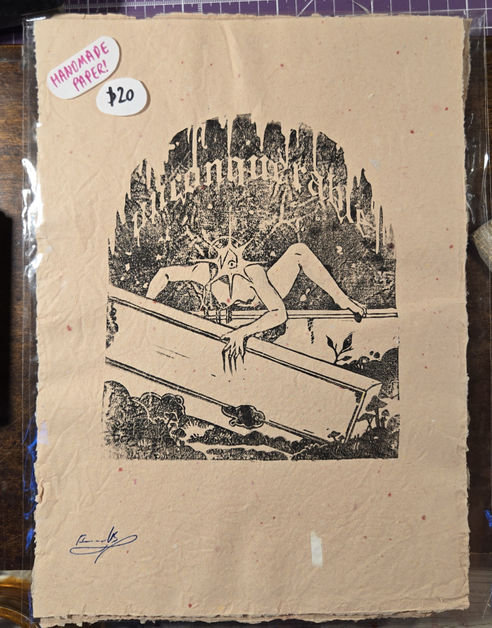 UNCONQUERABLE Original lino print on signature pink confetti paper