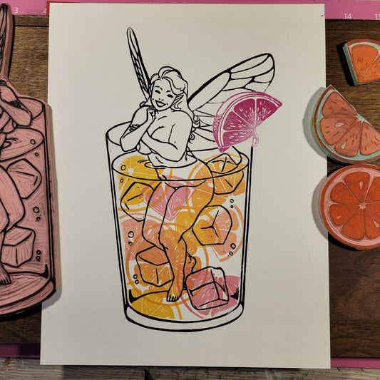 Lemonade Fairy Linocut Print 8.5x11