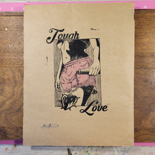 Tough Love linocut print on kraft