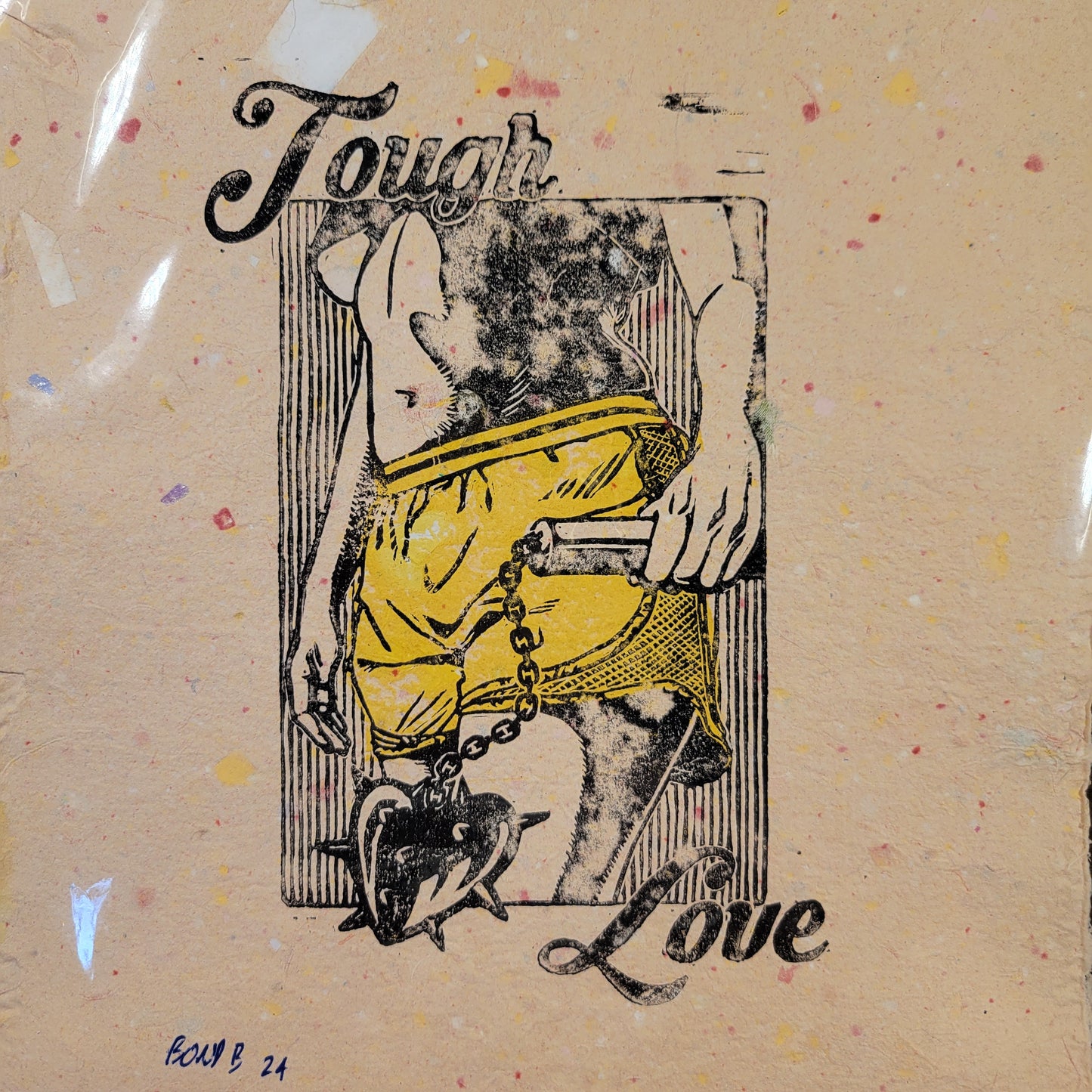 Tough Love linocut print on signature pink confetti paper