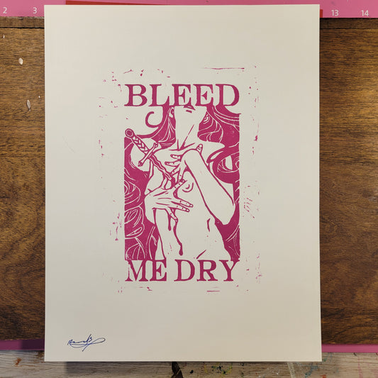 Bleed me Dry linocut print, magenta on white