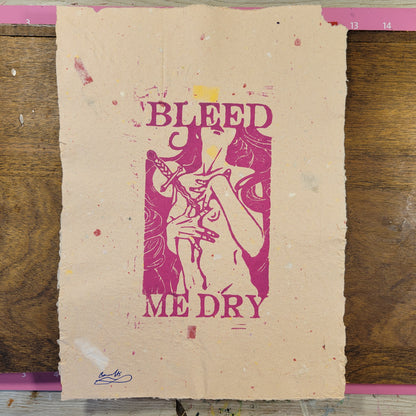 Bleed me Dry linocut print, magenta on signature pink confetti paper