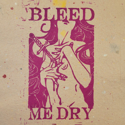 Bleed me Dry linocut print, magenta on signature pink confetti paper