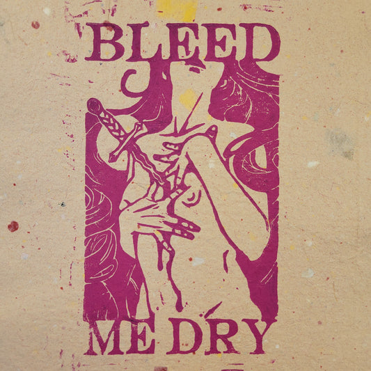Bleed me Dry linocut print, magenta on signature pink confetti paper