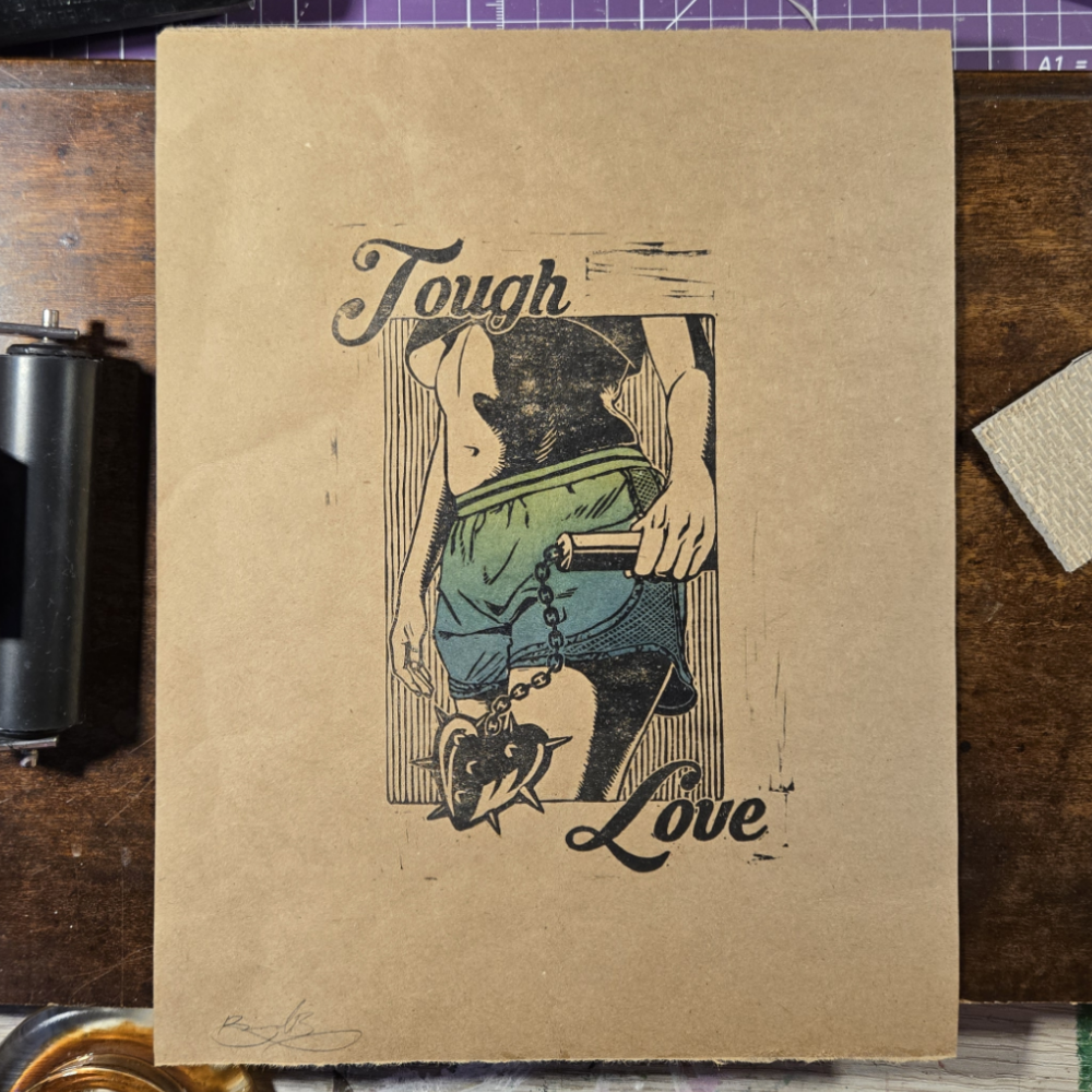 Tough love lino print on kraft (blue/green shorts)