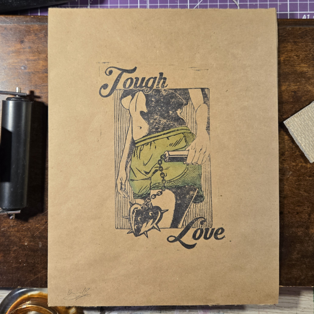 Tough love lino print on kraft (green shorts)