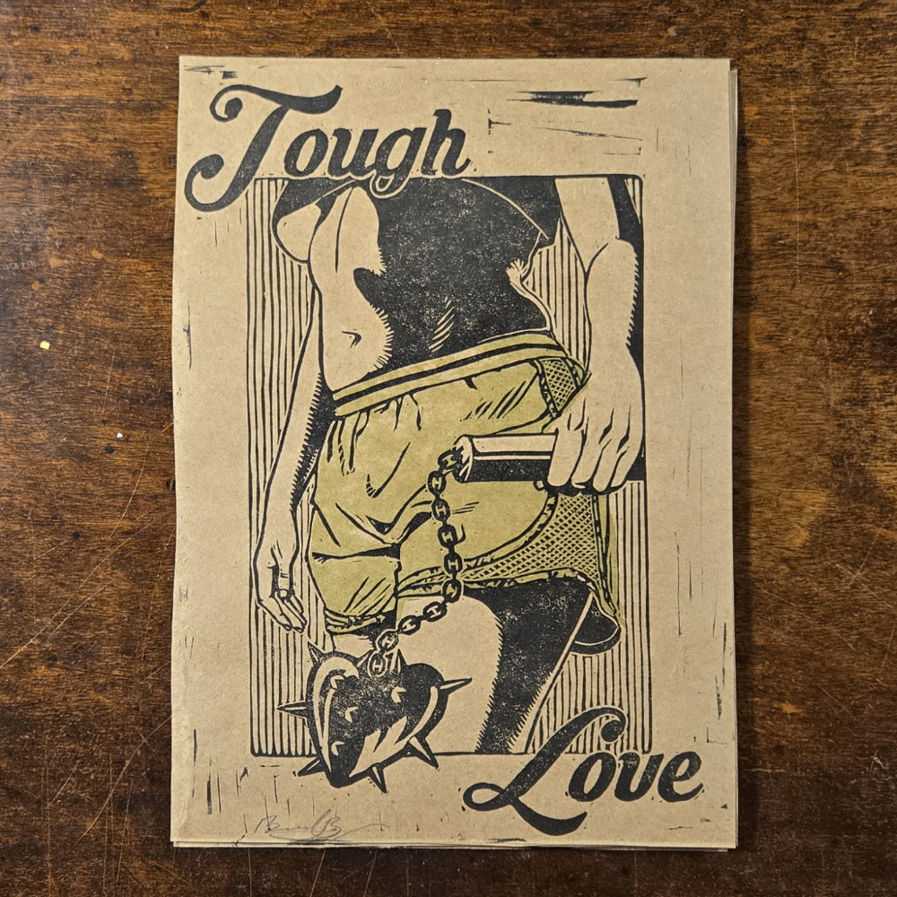 Tough love lino print on kraft, cropped (green shorts)