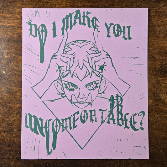 Uncomfy linocut print, green on purple