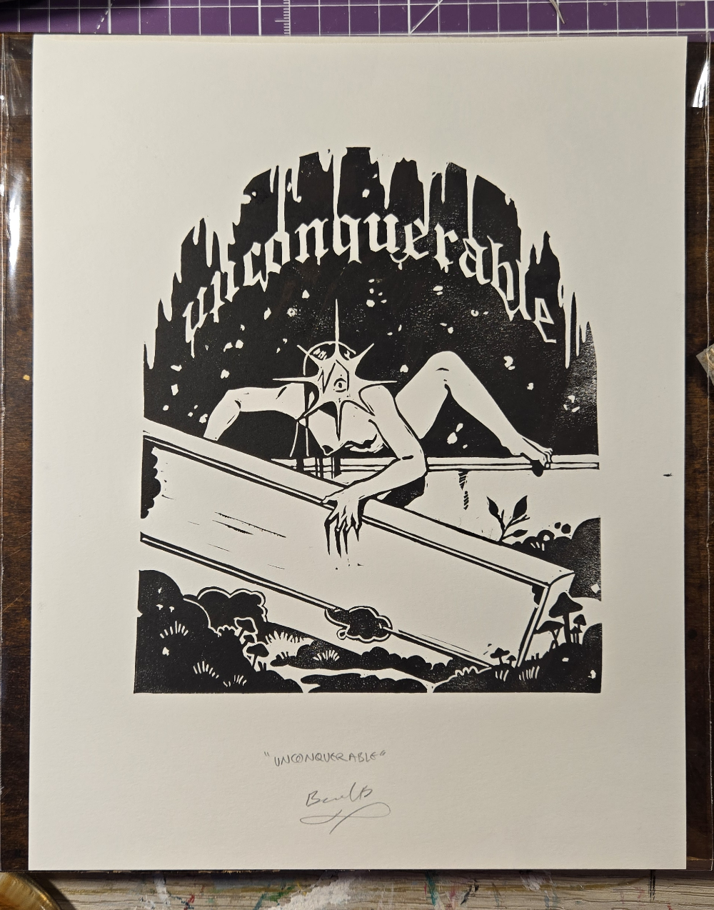 UNCONQUERABLE Original lino print on white